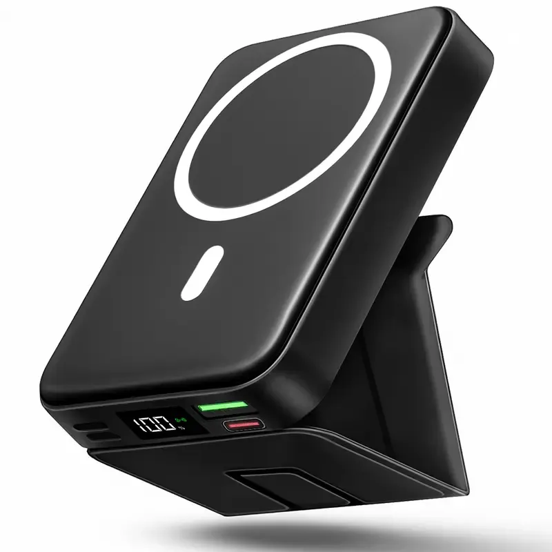 10000mAh Magnetic Power Bank Wireless Portable Charger with USB-C Cable LED Display Foldable Battery Pack for iPhone17-12   Pro    Pro Max Series Charging Compact Silicone Black Chargeable Smartphone