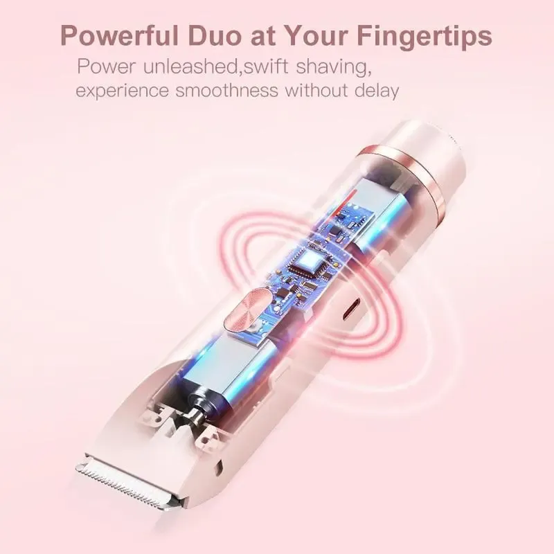 2-in-1 Electric Hair Removal Tool for Women, Dual-Head Cordless Waterproof Bikini Shaver and Trimmer for Body and Facial Hair, Painless Precision Shaver for Wet and Dry Use, USB Rechargeable Shaver, Facial Hair Groomer
