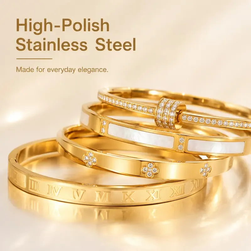 5PCS Waterproof Titanium Steel Bracelet Set for Women, Rhinestone Stackable Bracelets, Fashion Jewelry, Minimalist Elegant Wrist Bracelets for Everyday Wear