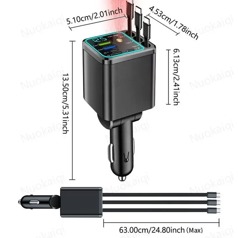 7 in 1 Retractable Car Charger 120W Super Fast Charging PD 20W USB A 65W 3 Tangle Free Retractable Cables Charge 7 Devices Simultaneously Starry Sky Light 1 Click Galaxy Projector LED Voltage Display Smart Chip Universal for iPhone Samsung Android iPad su