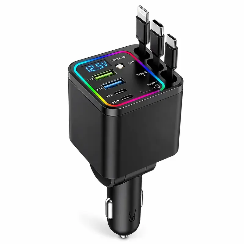 7 in 1 Retractable Car Charger 120W Super Fast Charging PD 20W USB A 65W 3 Tangle Free Retractable Cables Charge 7 Devices Simultaneously Starry Sky Light 1 Click Galaxy Projector LED Voltage Display Smart Chip Universal for iPhone Samsung Android iPad su