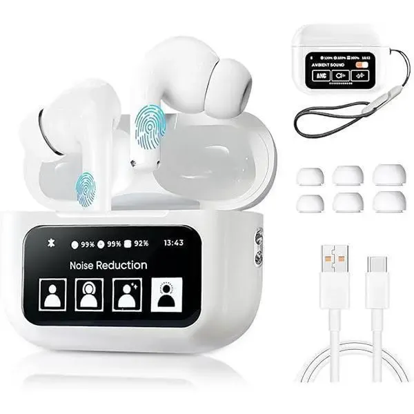 Wireless Noise Cancellation Earbuds, In-Ear Headphones with Full Color Display, Bluetooth Call Earbud-Style Headphones Compatible with iPhone & Android