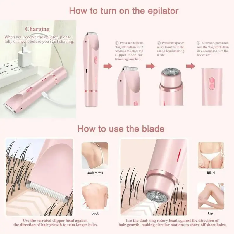 2-in-1 Electric Hair Removal Tool for Women, Dual-Head Cordless Waterproof Bikini Shaver and Trimmer for Body and Facial Hair, Painless Precision Shaver for Wet and Dry Use, USB Rechargeable Shaver, Facial Hair Groomer