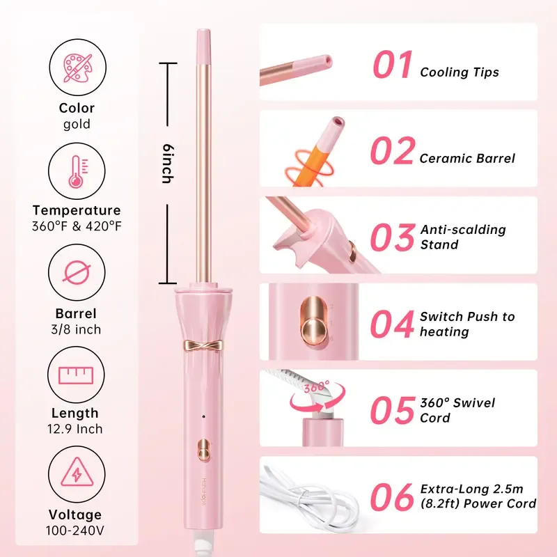 9mm Mini Barrel for Short & Long Hair, Dual Voltage with 2 Heat Settings, Fast Heat Ceramic Curler Hair Styling Tools Rotary Curl Wand