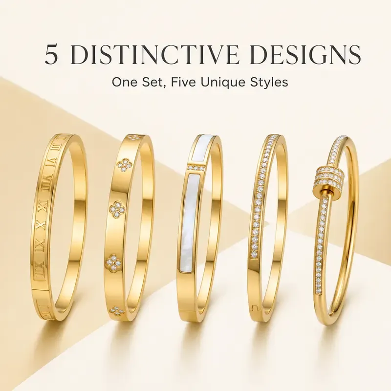 5PCS Waterproof Titanium Steel Bracelet Set for Women, Rhinestone Stackable Bracelets, Fashion Jewelry, Minimalist Elegant Wrist Bracelets for Everyday Wear