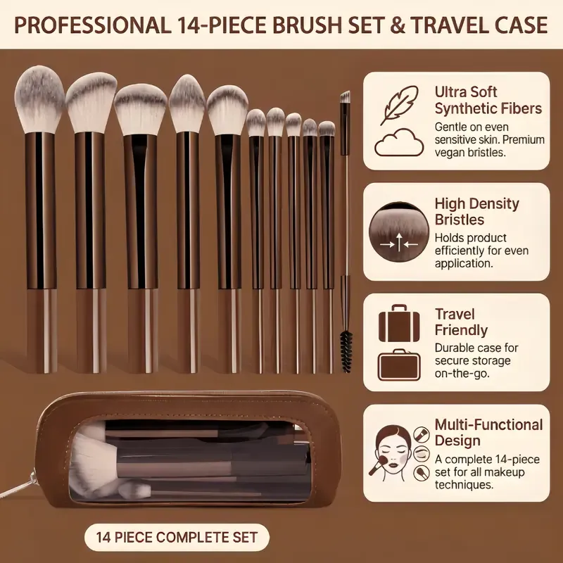 14pcs Professional Glamorous Cosmetic Brush Kit with Metal Frame & Storage Bag - Foundation, Eyeshadow, Blush Brushes for Cosmetic Lovers, Ideal for Women, Glamorous Brush Sets & Kits