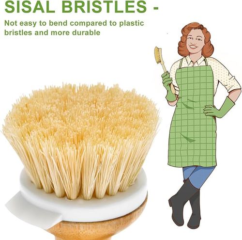Bamboo Dish Brush,Sisal Brush with Scraper,1Pack with Ceramic Holder