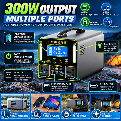 300W Portable Power Station – Outdoor Rechargeable Backup Power Supply with AC Outlets, USB & Type-C Ports, LED Lights for Camping, Travel & Home Use