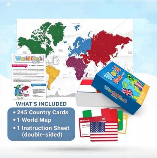 🌍245-Piece World Flags Flashcards Set – Fun Geography Learning Game for Kids & Adults with World Map 📚