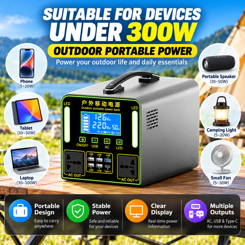 300W Portable Power Station – Outdoor Rechargeable Backup Power Supply with AC Outlets, USB & Type-C Ports, LED Lights for Camping, Travel & Home Use