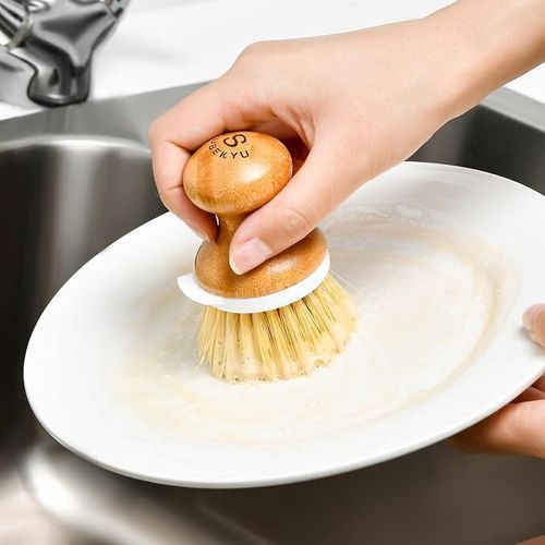 Bamboo Dish Brush,Sisal Brush with Scraper,1Pack with Ceramic Holder