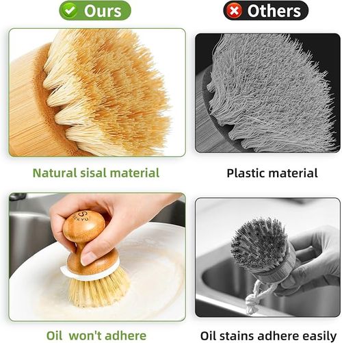 Bamboo Dish Brush,Sisal Brush with Scraper,1Pack with Ceramic Holder