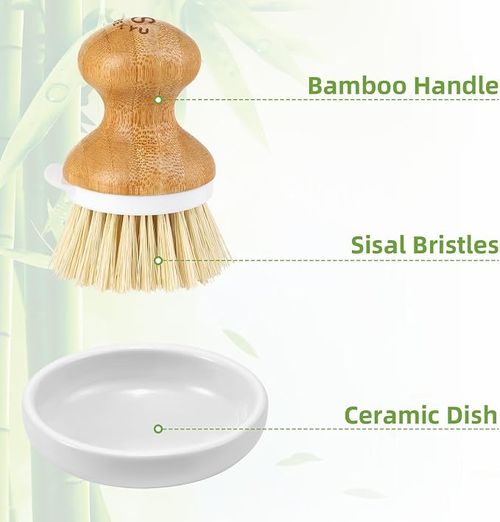 Bamboo Dish Brush,Sisal Brush with Scraper,1Pack with Ceramic Holder