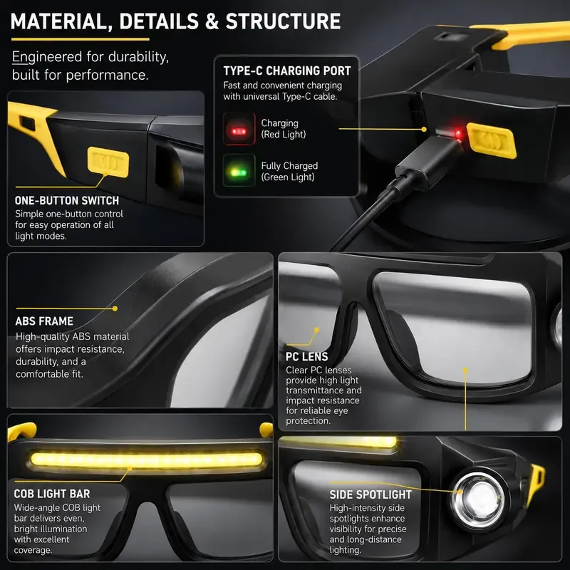 Rechargeable LED Headlamp Glasses - Hand-Wave Sense, Type-C USB Charging, 5-Mode COB Lights, Dual Side Spotlights, IPX4 Waterresist, Lightweight Motorcycle Accessories for Camping, Automotive Tasks
