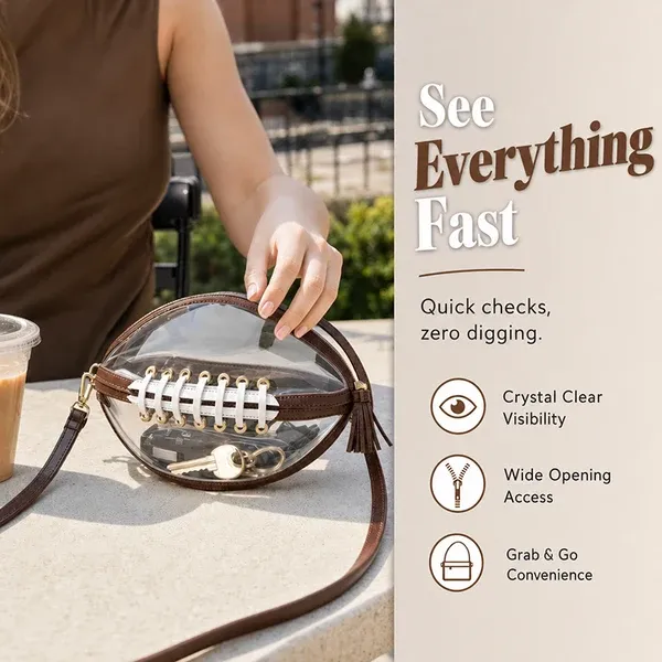 🏈 Clear Football-Shaped Crossbody Bag – Game-Day Style Meets Everyday Convenience ✨
