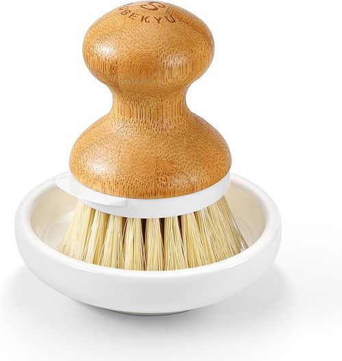 Bamboo Dish Brush,Sisal Brush with Scraper,1Pack with Ceramic Holder