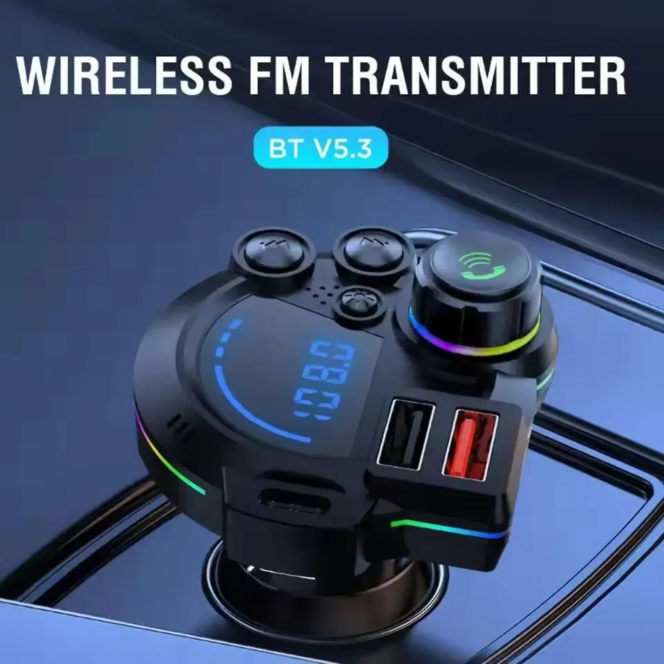 HD Bluetooth 5.3 FM Transmitter Car Charger with Ambient Lighting, PD 20W Max&USB-A 100W Max Super Fast Charge, LED Display, HD Audio, Dual USB Ports, Bass Enhancer, RGB Glow, Hands-Free Calls, 12V-24V Auto Adapter, Road Trips Essential Auto Accessory