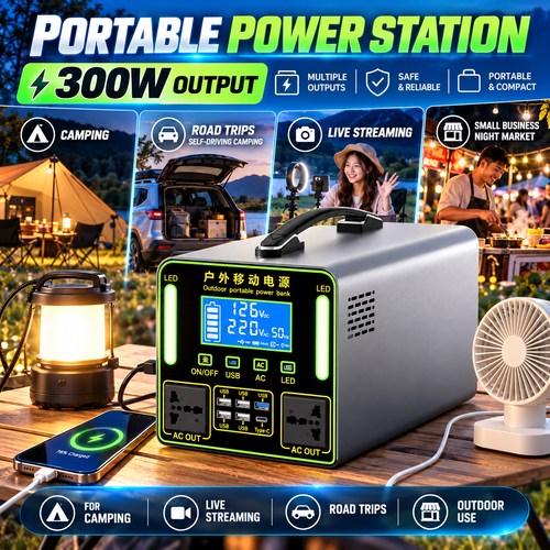 300W Portable Power Station – Outdoor Rechargeable Backup Power Supply with AC Outlets, USB & Type-C Ports, LED Lights for Camping, Travel & Home Use