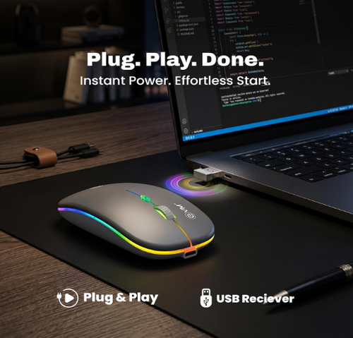 EVM EnGrip Rechargeable Wireless Mouse | 2.4GHz | Type C Charging | 1600 DPI Optical Mouse | LED Lights Ergonomic Mouse | Compatible with Laptop, PC