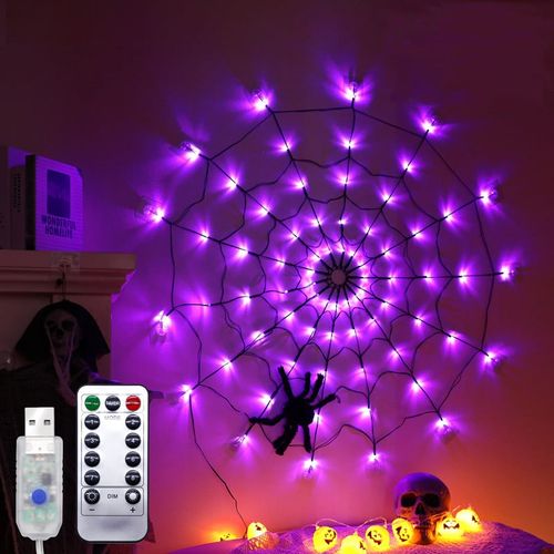 LED Spider Web Halloween Lights, Halloween Decorations for Indoor Outdoor House Garden Yard Party, Waterproof Spider Web Lights with Remote Control