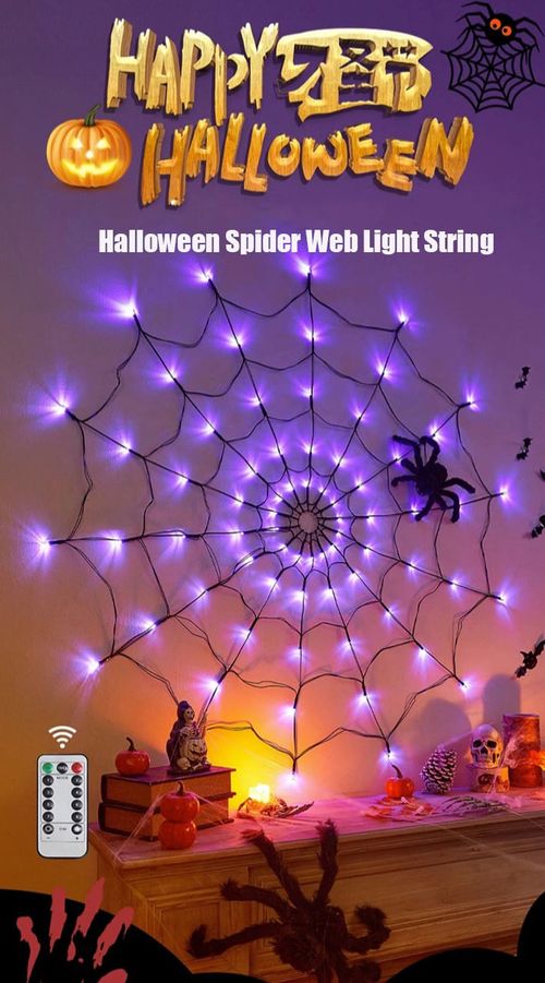 LED Spider Web Halloween Lights, Halloween Decorations for Indoor Outdoor House Garden Yard Party, Waterproof Spider Web Lights with Remote Control