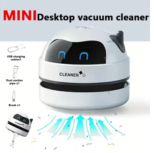 Mini Desktop Vacuum Cleaner Portable USB Rechargeable Battery Powered Robot Cute Shape Silent Pick Up Small Objects Debris Gift
