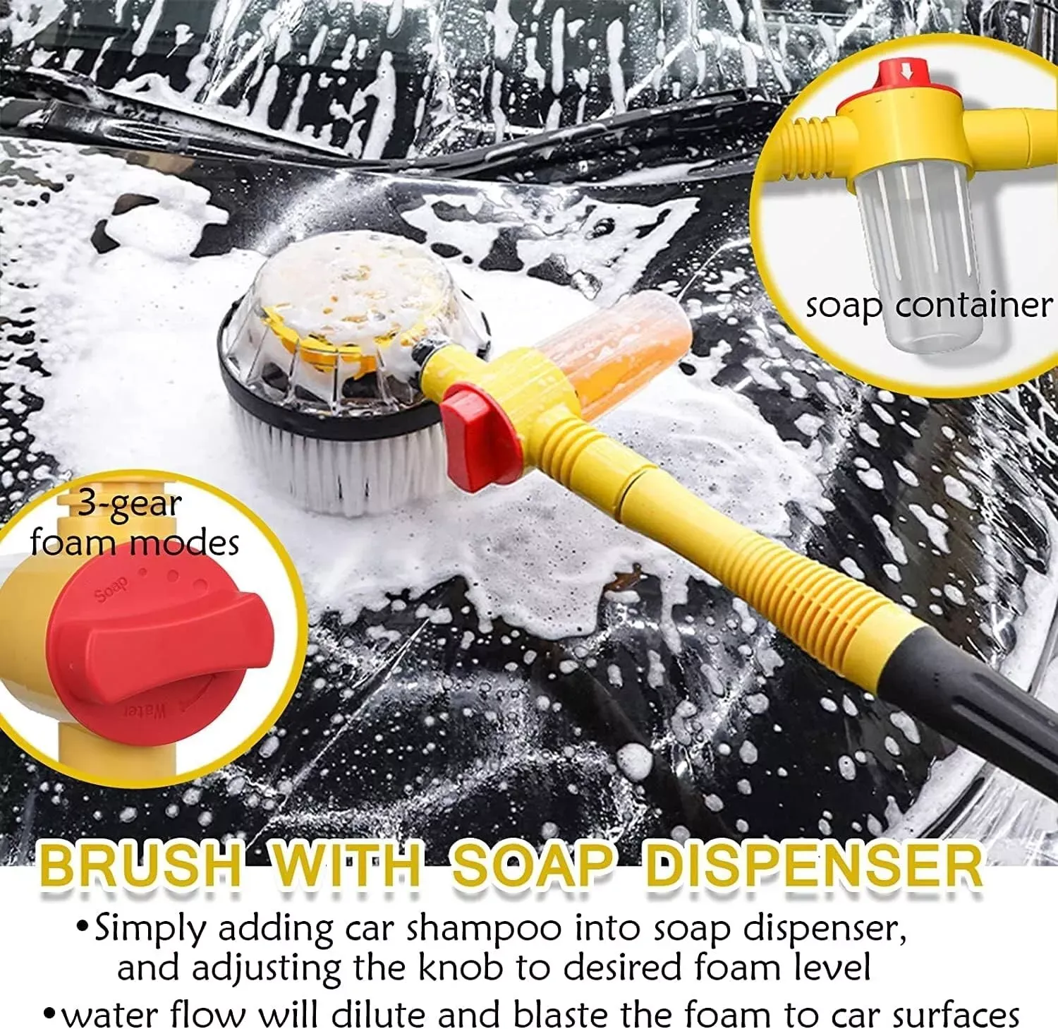 Rotating Car Wash Brush with Soap Dispenser & Hose Attachment Soft Bristle Car