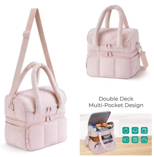 Durable Large Capacity Lunch Bag Double Deck Insulated Puffer Tote Waterproof Reusable Insulated Bag Office