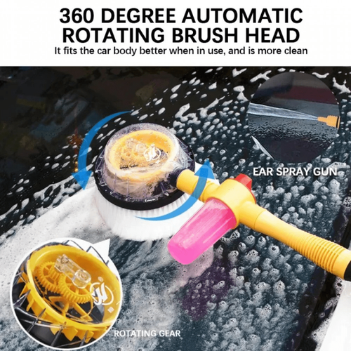 Rotating Car Wash Brush with Soap Dispenser & Hose Attachment Soft Bristle Car