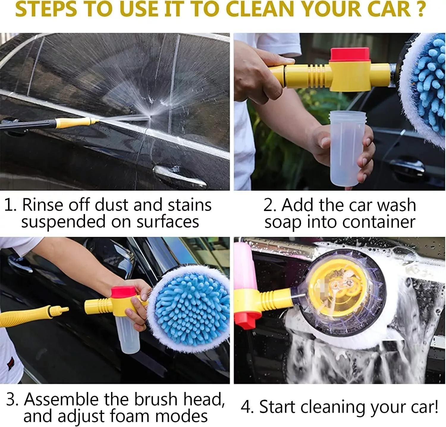 Rotating Car Wash Brush with Soap Dispenser & Hose Attachment Soft Bristle Car