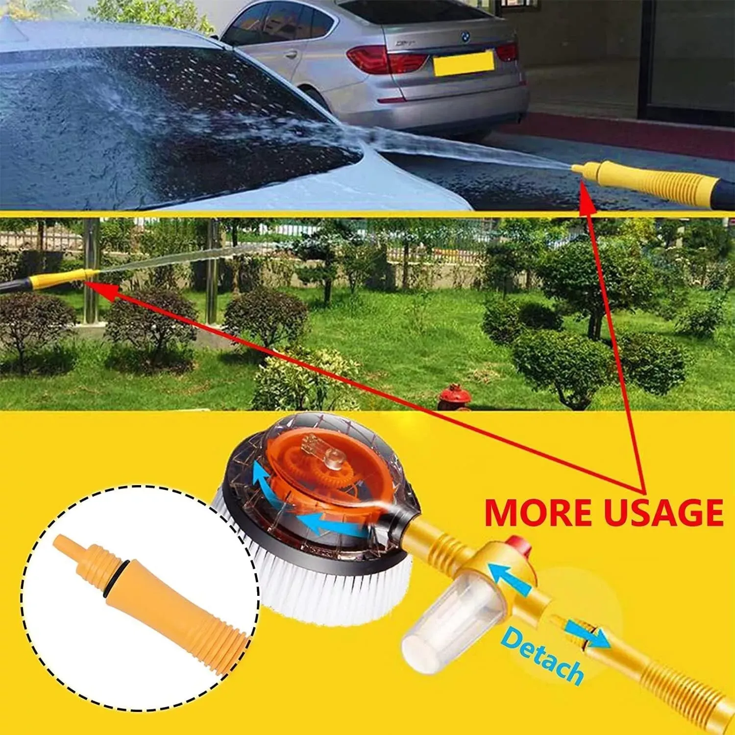 Rotating Car Wash Brush with Soap Dispenser & Hose Attachment Soft Bristle Car