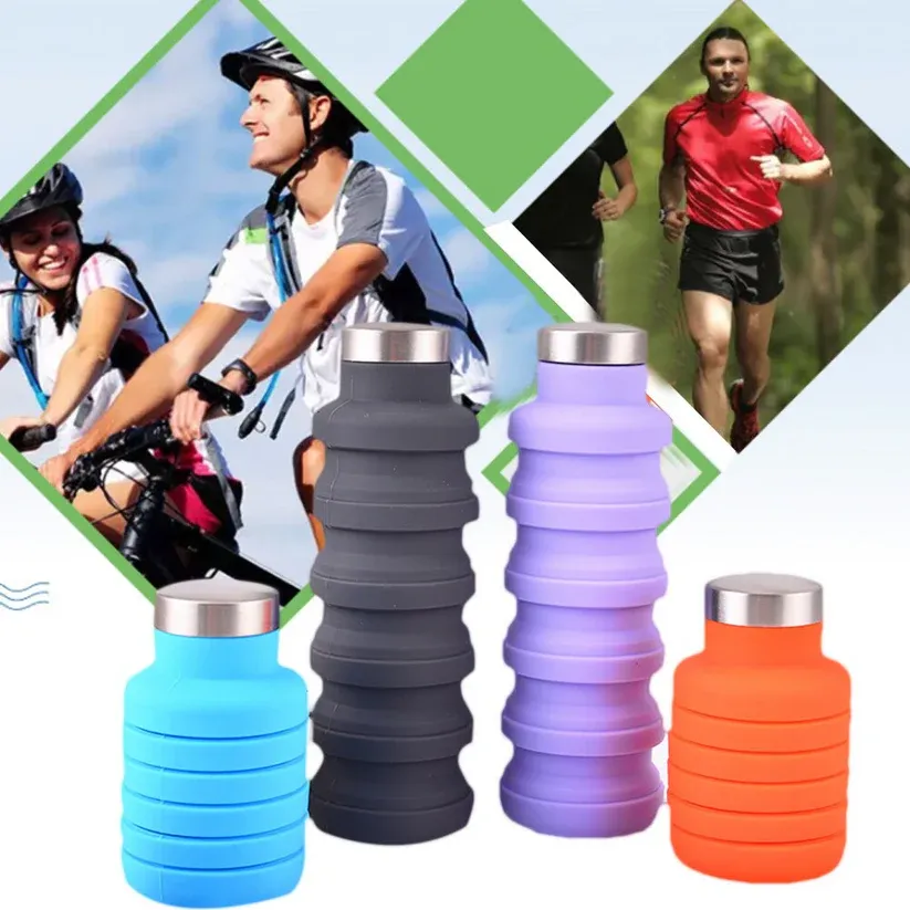 Silicone Foldable Water Bottle Creative Cycling Retractable Cup Portable Outdoor Sports Water Bottle, 500ml, dark green