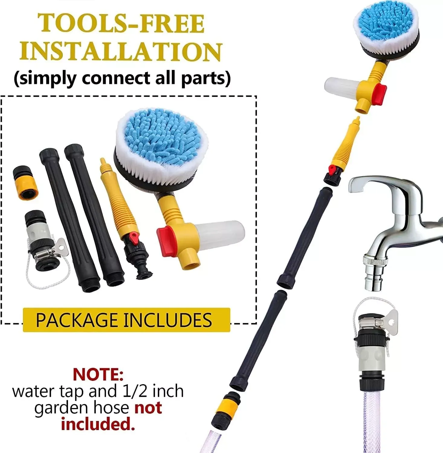 Rotating Car Wash Brush with Soap Dispenser & Hose Attachment Soft Bristle Car