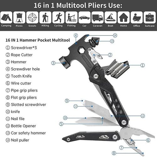 Multifunctional Survival Hammer 14 in 1 Stainless Steel Alloy Material
