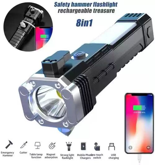 Lanterna LED multifunções com carregador de telemóvel, quebra-vidros e à prova de água para carro