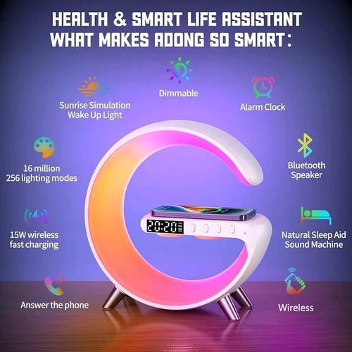 Altifalante Bluetooth multifuncional - Luz ambiente colorida Carregamento sem fios e relógio Máquina tudo-em-um