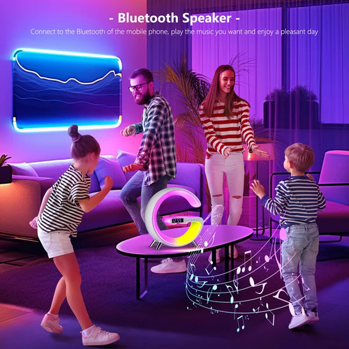 Altifalante Bluetooth multifuncional - Luz ambiente colorida Carregamento sem fios e relógio Máquina tudo-em-um