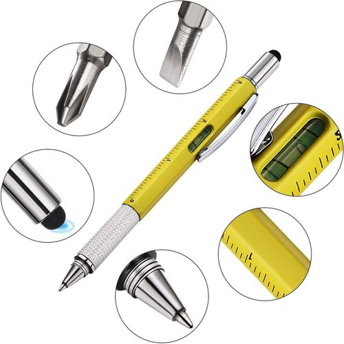 Caneta multiferramenta de metal DUNBONG Caneta Stylus 6 em 1 - com chave de fenda, caneta esferográfica Tinta preta, caneta Stylus, nível e régua, 2 contagem