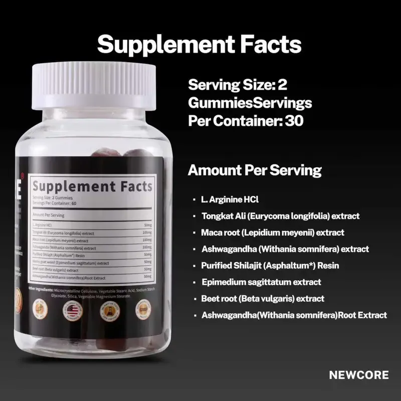 Newcore ｜ 7-in-1 Nitric Oxide Booster - Maca Root & L-Arginine & Ashwagandha & Horny Goat Weed & Shilajit & Tongkat Ali & Beet Root Gummy for Blood Flow, Energy & Stamina Support | 100% Natural
