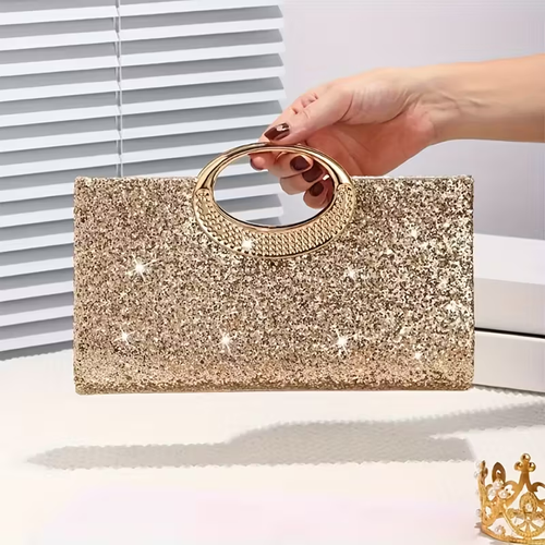 Elegant Golden Sequin Clutch Purse with Detachable Chain Strap & Snap Closure - Sparkling Glamour Handbag for Weddings, Galas, Proms - Middle Eastern Collection, Formal Accessory, Glittery Texture