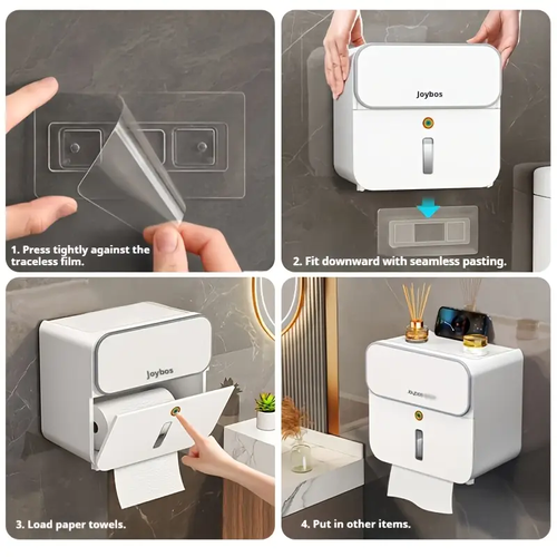 Wall Mounted Toilet Paper Holder Double-Layer, No Drill, Waterproof Plastic Roll Dispenser with Storage Shelf, Modern Rectangular Design, Minimalist Decor, NoDrill Installation
