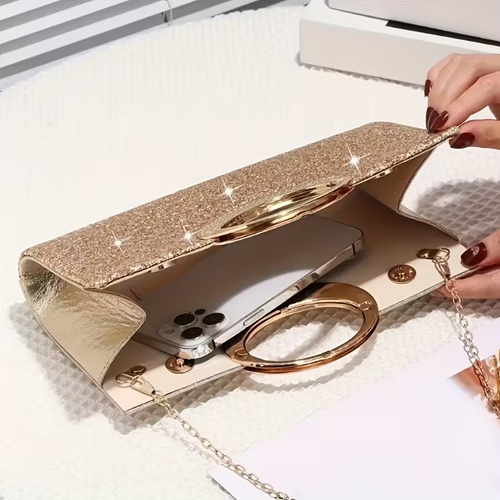 Elegant Golden Sequin Clutch Purse with Detachable Chain Strap & Snap Closure - Sparkling Glamour Handbag for Weddings, Galas, Proms - Middle Eastern Collection, Formal Accessory, Glittery Texture