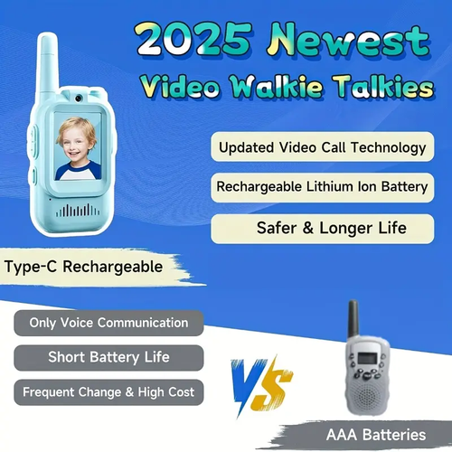 2 sets of rechargeable video walkie-talkies for children - Handheld walkie-talkie with built-in camera, 8-megapixel high-definition video and two-way audio, battery life of 8 hours