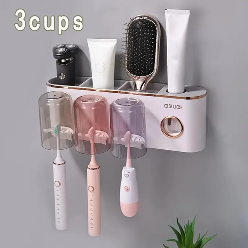 Wall-Mounted Toothbrush Holder Set with Automatic Toothpaste Dispenser and Mouthwash Cup, No-Drill Installation, Plastic Bathroom Accessories for Toothbrushes, Toothpaste Tubes, and Mouthwash Cups