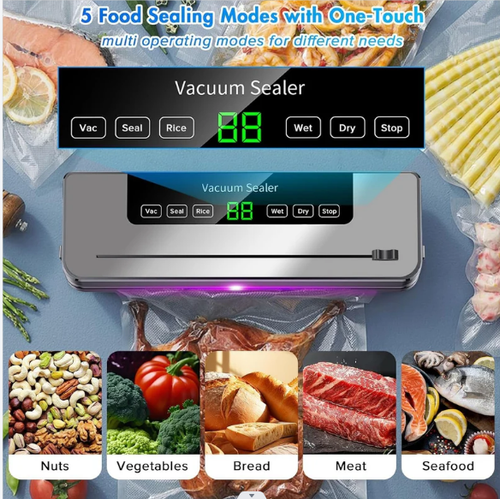 Vacuum Sealer Machine 5-in-1 Fully Automatic Food Saver with Dry Moist Mode, LED Display & Seal Function – For Meat, Veggies, Fruits & Leftovers