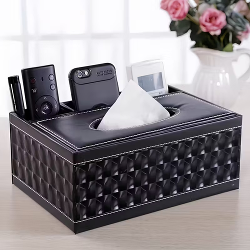 LDQ Multi-Functional Faux Leather Tissue&Storage Box with 4 Compartments Includes Remote Control&Household Napkin Storage, Wipe-Clean in Seconds, Ideal for Living Room, Study Café Countertops Perfect for Home Supplies