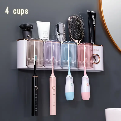 Wall-Mounted Toothbrush Holder Set with Automatic Toothpaste Dispenser and Mouthwash Cup, No-Drill Installation, Plastic Bathroom Accessories for Toothbrushes, Toothpaste Tubes, and Mouthwash Cups