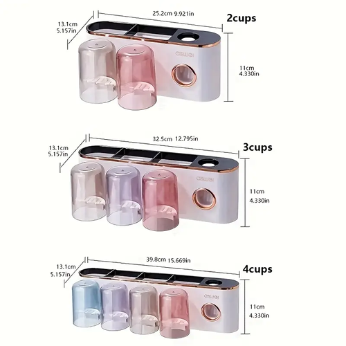 Wall-Mounted Toothbrush Holder Set with Automatic Toothpaste Dispenser and Mouthwash Cup, No-Drill Installation, Plastic Bathroom Accessories for Toothbrushes, Toothpaste Tubes, and Mouthwash Cups