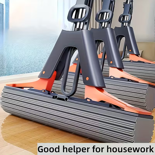 High-Absorbency Dual-Fold Sponge Mop - Hands-Free Washing, Versatile Dry & Wet Use, Durable Plastic Handle - Ideal for Kitchen, Bathroom, Living Room Floors