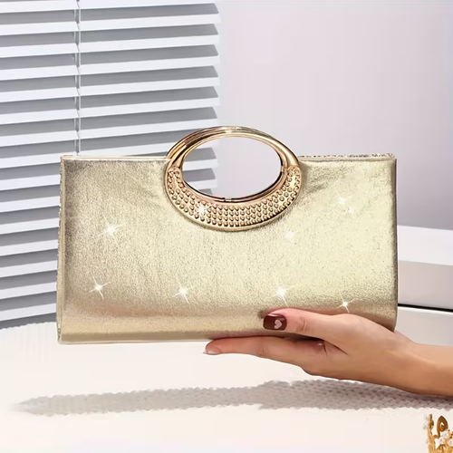 Elegant Golden Sequin Clutch Purse with Detachable Chain Strap & Snap Closure - Sparkling Glamour Handbag for Weddings, Galas, Proms - Middle Eastern Collection, Formal Accessory, Glittery Texture
